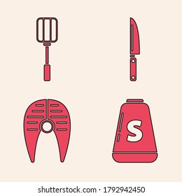 Set Salt, Spatula, Knife and Fish steak icon. Vector