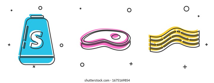 Set Salt, Steak meat and Bacon stripe icon. Vector