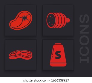 Set Salt, Steak meat, Salami sausage and Steak meat icon. Vector