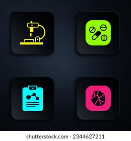 Set Salt stone, Microscope, Chemistry report y Medicine Pill tablet. Botón cuadrado negro. Vector