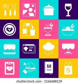 Set Salt, Wooden table, Asian noodles in bowl, Cooking pot, Online ordering and delivery, Steak meat on plate, Fork, spoon knife and Ice cream icon. Vector