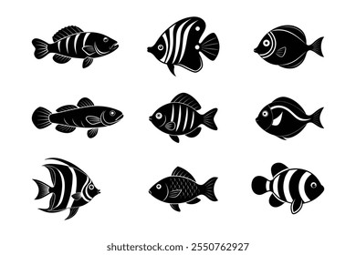 Set of saltwater fish silhouette