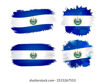 Set of Salvadoran flag icons in the style of painting. Grunge staines and flag of El Salvador background with isolated clipping mask. Creative design. Brushing abstract shapes. Welcome to  El-Salvador