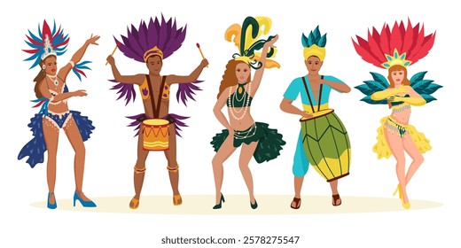 A set of samba dancers in colorful stage costumes at a Brazilian carnival. Two drummers and three female dancers. Mardi Gras street parade. Vector illustration