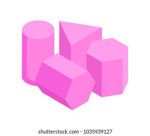 Set of same color geometric figures, vector banner, illustration with geometric objects, pink cylinder hexagonal and triangle prisms isolated on white