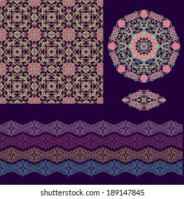Set of samless laced texture and decorative floral rosette