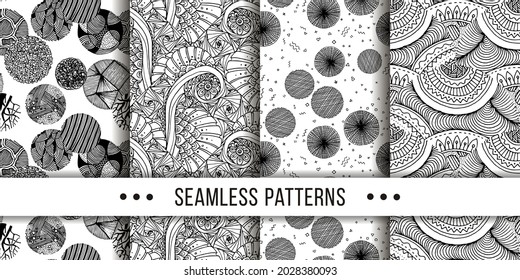 Set of samless ornate, doodle hand-drawn abstract patterns. Vector illustration. Ink sketch texture, rough hatching drawing image