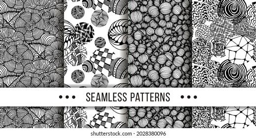 Set of samless ornate, doodle hand-drawn abstract patterns. Vector illustration. Ink sketch texture, rough hatching drawing image