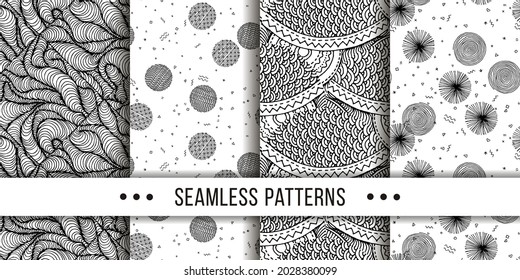 Set of samless ornate, doodle hand-drawn abstract patterns. Vector illustration. Ink sketch texture, rough hatching drawing image