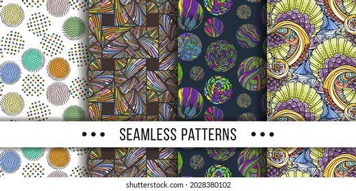 Set of samless ornate, doodle hand-drawn abstract patterns. Vector illustration. Ink sketch texture, rough hatching drawing image