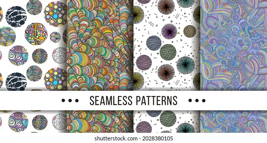 Set of samless ornate, doodle hand-drawn abstract patterns. Vector illustration. Ink sketch texture, rough hatching drawing image