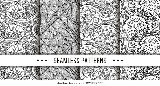 Set of samless ornate, doodle hand-drawn abstract patterns. Vector illustration. Ink sketch texture, rough hatching drawing image