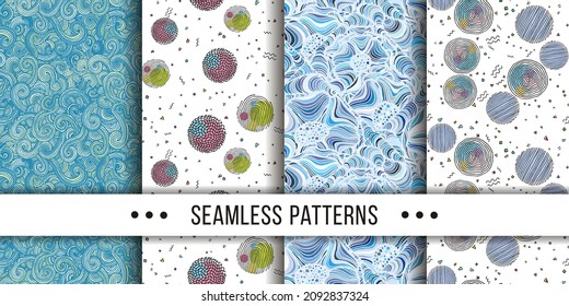 Set of samless ornate, doodle hand-drawn abstract patterns. Vector illustration. Ink sketch texture, rough hatching drawing image