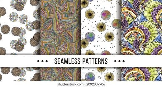 Set of samless ornate, doodle hand-drawn abstract patterns. Vector illustration. Ink sketch texture, rough hatching drawing image