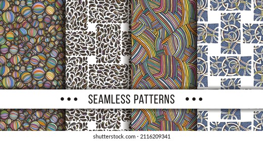 Set of samless ornate, doodle hand-drawn abstract patterns. Vector illustration. Ink sketch texture, rough hatching drawing image