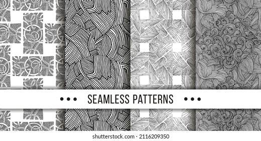 Set of samless ornate, doodle hand-drawn abstract patterns. Vector illustration. Ink sketch texture, rough hatching drawing image