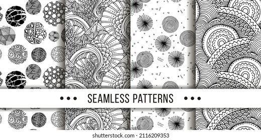 Set of samless ornate, doodle hand-drawn abstract patterns. Vector illustration. Ink sketch texture, rough hatching drawing image