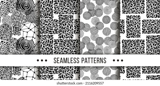 Set of samless ornate, doodle hand-drawn abstract patterns. Vector illustration. Ink sketch texture, rough hatching drawing image