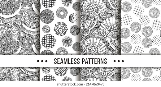 Set of samless ornate, doodle hand-drawn abstract patterns. Vector illustration. Ink sketch texture, rough hatching drawing image