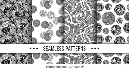 Set of samless ornate, doodle hand-drawn abstract patterns. Vector illustration. Ink sketch texture, rough hatching drawing image