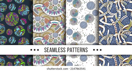 Set of samless ornate, doodle hand-drawn abstract patterns. Vector illustration. Ink sketch texture, rough hatching drawing image