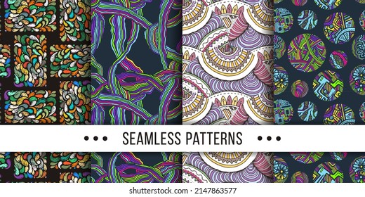 Set of samless ornate, doodle hand-drawn abstract patterns. Vector illustration. Ink sketch texture, rough hatching drawing image