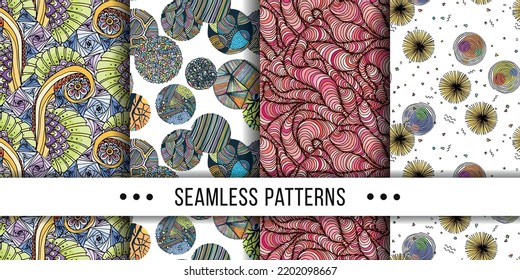 Set of samless ornate, doodle hand-drawn abstract patterns. Vector illustration. Ink sketch texture, rough hatching drawing image