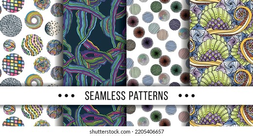 Set Of Samless Ornate, Doodle Hand-drawn Abstract Patterns. Vector Illustration. Ink Sketch Texture, Rough Hatching Drawing Image