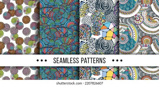 Set Of Samless Ornate, Doodle Hand-drawn Abstract Patterns. Vector Illustration. Ink Sketch Texture, Rough Hatching Drawing Image