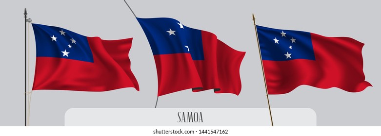 Set of Samoa waving flag on isolated background vector illustration. 3 red blue Samoan wavy realistic flag as a patriotic symbol 