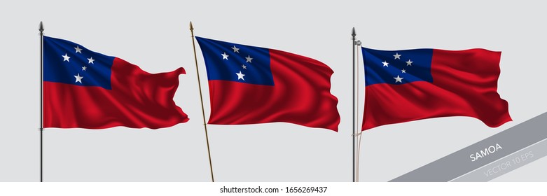 Set of Samoa waving flag on isolated background vector illustration. 3 Samoan wavy realistic flag as a symbol of patriotism