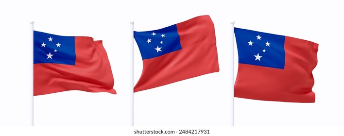 Conjunto de Samoa ondeando bandera en asta de bandera. Bandera de diseño 3d realista vuela en el viento sobre fondo blanco aislado. Ilustración vectorial