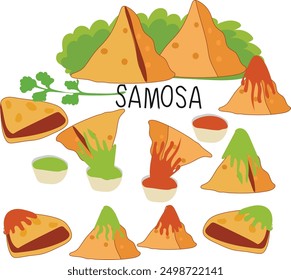 set of samosa vector illustration. 
Good for banner, poster, greeting card, party card, invitation, template, advertising, campaign, and social media. 
