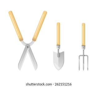 Set of sample gardening tools equipments in colors, garden shears with hand tools, hand rake and hand shovel, flat style