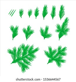 Set of samples of Christmas needles, branches for holiday designs. Colored vector isolated elements on a white background.