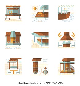 Set of samples for coastline cafe and bungalows. Flat color style vector icons. Summer rest, service buildings. Elements of web design for business. 