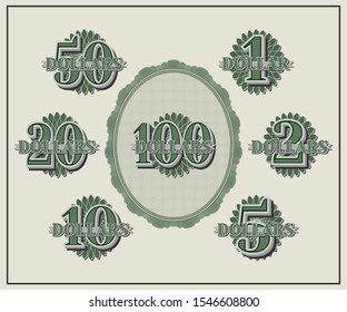 A set of samples of face values from 1 to 100 dollars and an oval with a guilloche pattern