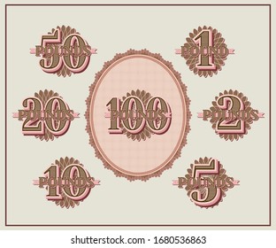 A set of samples of face values from 1 to 100 pounds and an oval with a guilloche pattern