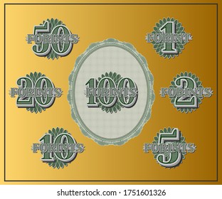 A set of samples of face values from 1 to 100 forints and an oval with a guilloche pattern