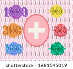 A set of samples of face values from 10 to 1000 swiss francs and an oval with a guilloche pattern