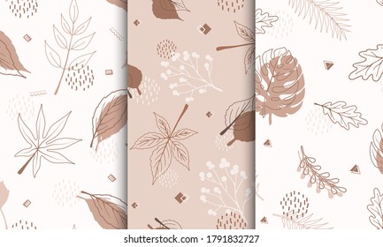 Set of samples pattern with abstract autumn elements, shapes, plants and leaves in one line style. For mobile app page, web, wrapping paper, textile template. Vector minimalistic illustration.