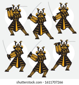 Set of Samurai fighting poses front view vector.