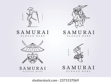 set of samurai katana mascot line art logo vector illustration design, iconic symbol samurai background