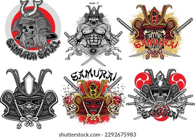 set samurai skull, grunge vintage design t shirts