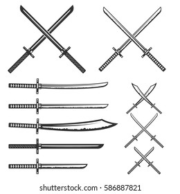 Set of samurai swords. Design element for logo, label, emblem, sign. Vector illustration.