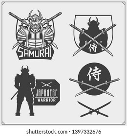 Set of samurai warrior masks, armor and weapon. Japanese warrior emblems, labels, badges and design elements. Print design for t-shirt.