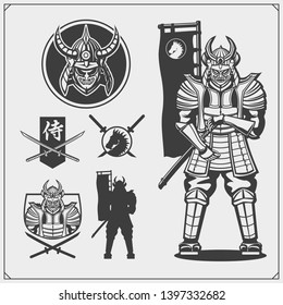 Set of samurai warrior masks, armor and weapon. Japanese warrior emblems, labels, badges and design elements. Print design for t-shirt.