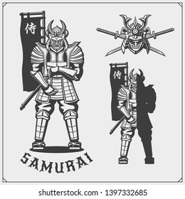 Set of samurai warrior masks, armor and weapon. Japanese warrior emblems, labels, badges and design elements. Print design for t-shirt.