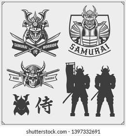 Set of samurai warrior masks, armor and weapon. Japanese warrior emblems, labels, badges and design elements. Print design for t-shirt.