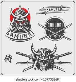 Set of samurai warrior masks, armor and weapon. Japanese warrior emblems, labels, badges and design elements. Print design for t-shirt.